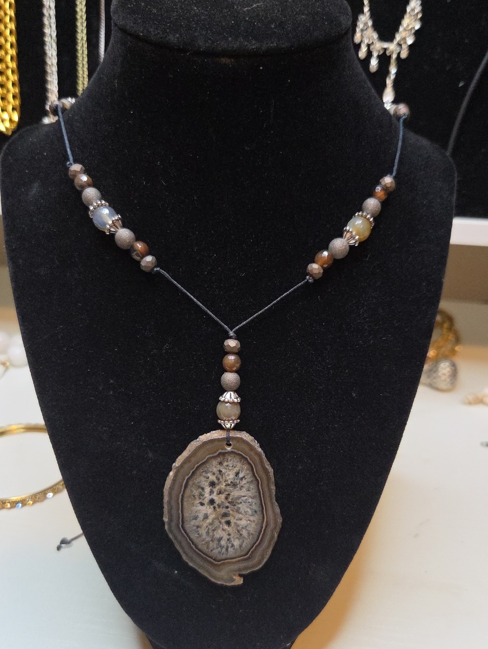 Brown Agate Slice Pendant Necklace - Natural Stone Boho Jewelry